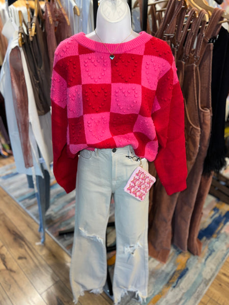 Checkered Heart Textured Sweater