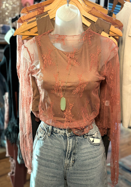 Dusty Rose Sheer Lace Turtle Neck