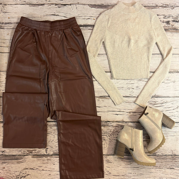 Chestnut Faux Leather Wide Leg Pants