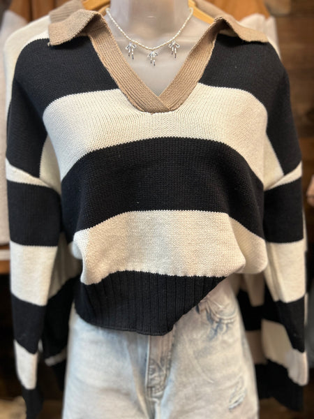 Collard Striped Knitted Sweater