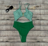 Green and White Striped One Piece Swimsuit