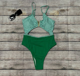 Green and White Striped One Piece Swimsuit