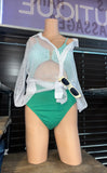 Green and White Striped One Piece Swimsuit