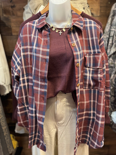 Burgundy + Navy Plaid Button-Up