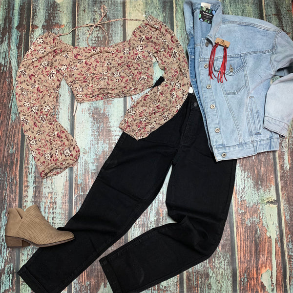 Taupe Floral Cropped LS